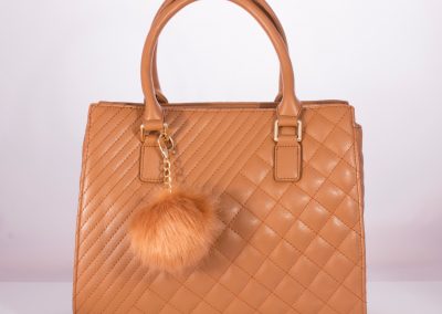 Camel Quilted Boxy Tote with Pom Pom Charm