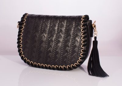Black Plait Weave Whipstitch Saddle Bag with Tassel